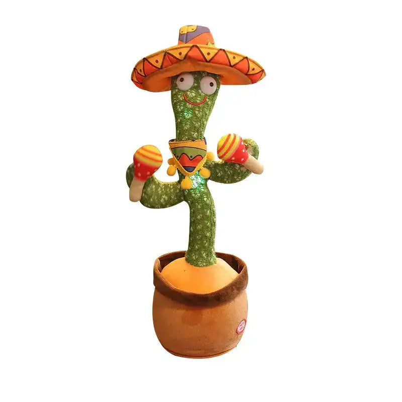 Dancing cactus plush toy wearing sombrero and holding maracas, novelty home decor gift