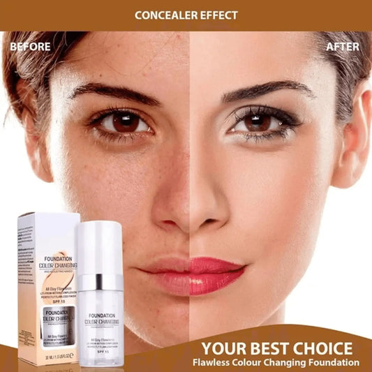 Before and after comparison showing a woman's face with and without color changing foundation makeup, emphasizing smooth, flawless skin.