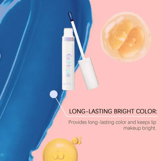 Blue liquid lipstick with applicator on pastel background, promotes long-lasting bright lip color.