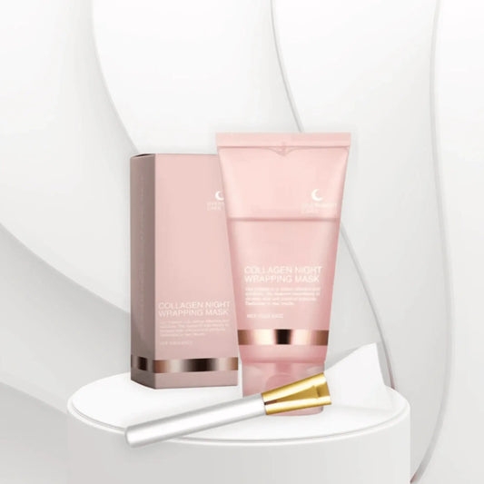 Collagen night wrapping mask in pink tube with box and applicator on white display