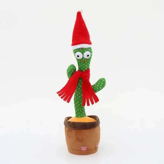 Festive cactus plush toy with Santa hat and red scarf in a brown pot, white background