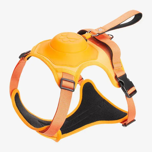 Adjustable orange pet harness with padded chest plate and durable buckles for dogs or cats