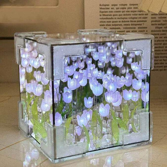 Glass cube LED night light with glowing purple flower design, decorative home decor accent