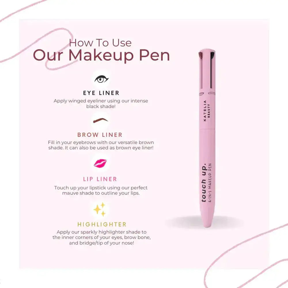 Pink 4-in-1 makeup pen with eyeliner, brow liner, lip liner, and highlighter instructions.