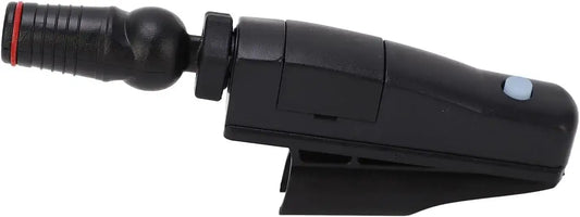 Black plastic water stop hose connector with rubber grip and blue button, close-up view