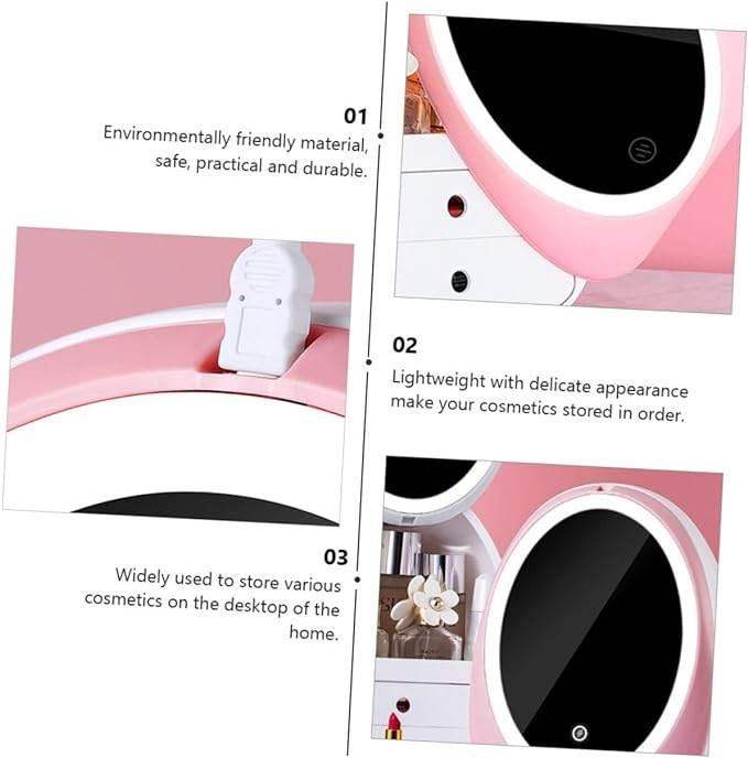 Pink oval LED vanity makeup mirror with storage, eco-friendly plastic, tabletop cosmetic organizer.