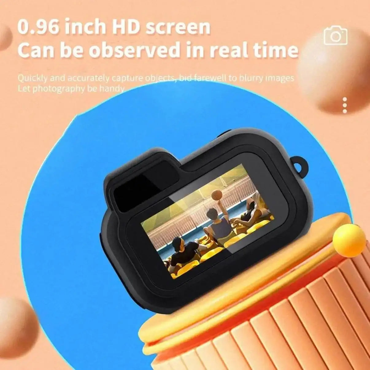 Compact HD action camera with 0.96-inch screen, showing real-time display and sports scene.