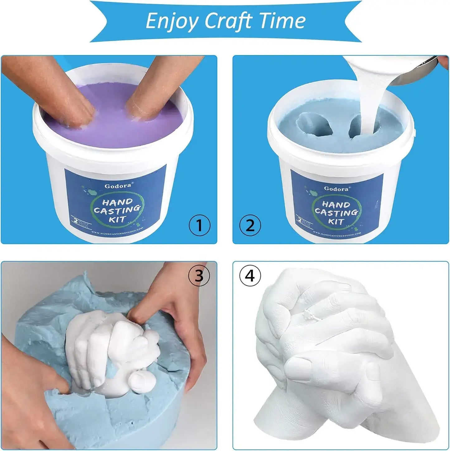 Step-by-step hand casting kit instructions showing molding, pouring, and finished clasped hands sculpture.