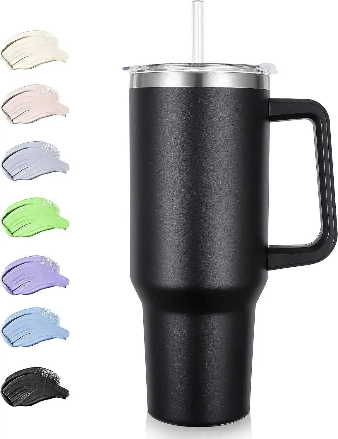 Black insulated stainless steel tumbler with handle, clear lid, straw, and color options shown