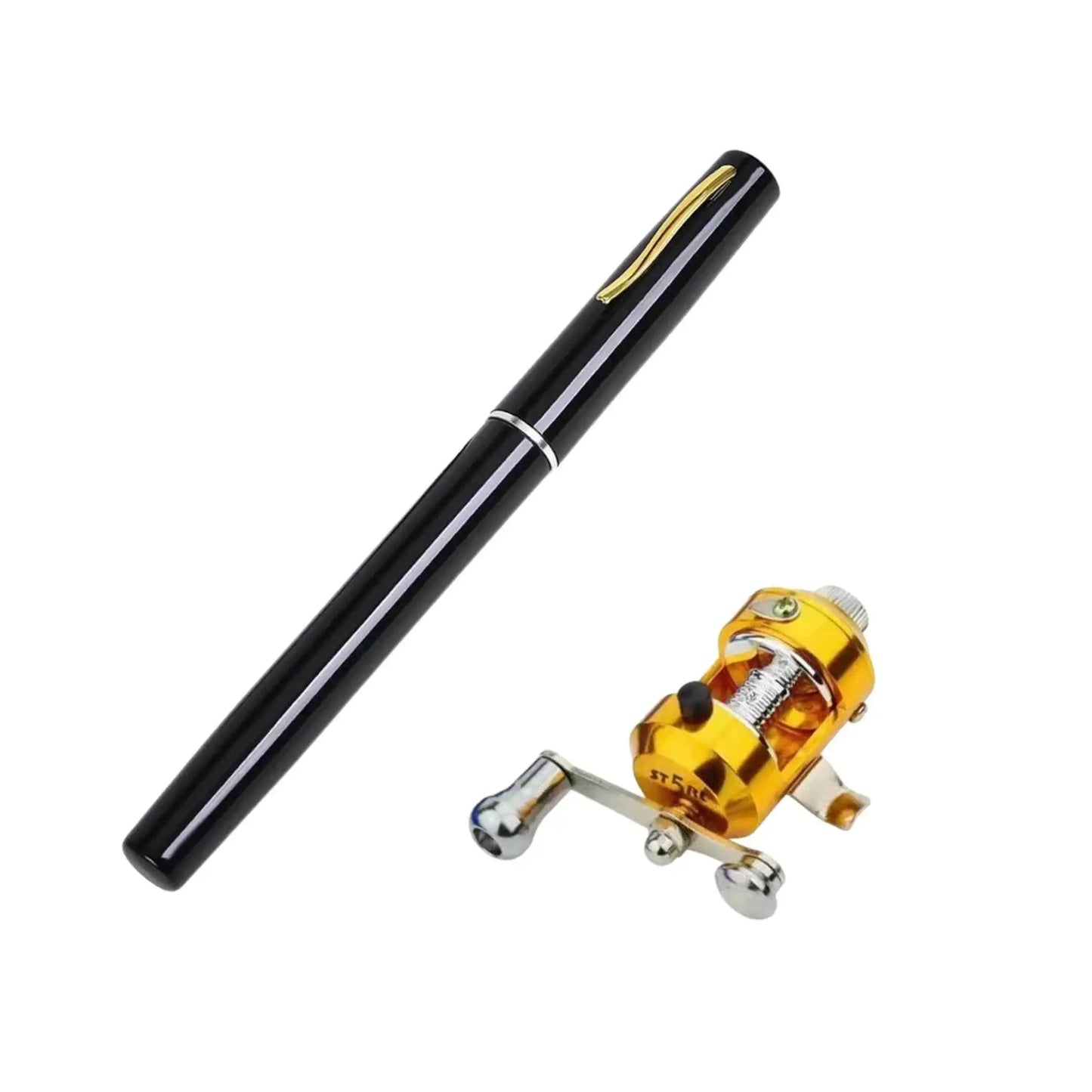 Black compact pen-style fishing rod with small gold reel on white background