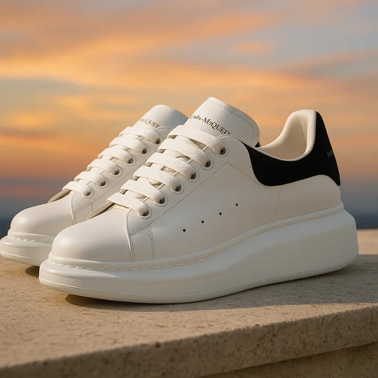 Oversized Leather Sneakers – White & Black Pearl - Strike Algo