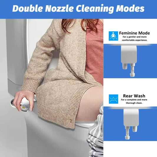 Woman using a toilet bidet attachment with dual nozzle cleaning modes, feminine and rear wash.