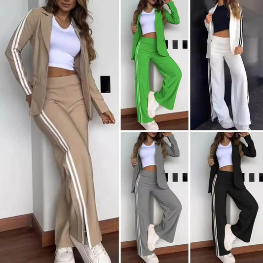 Women modeling trendy two-piece blazer and wide-leg pants sets with sporty stripes in various colors.