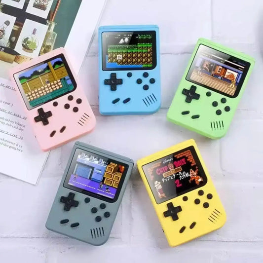 Colorful handheld retro gaming consoles with screens displaying classic video games