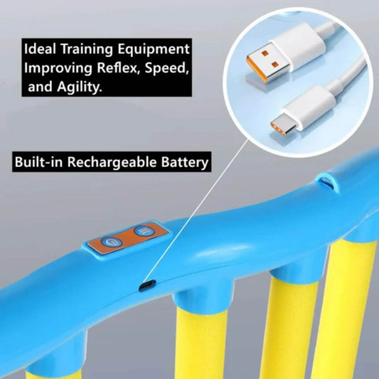 Blue and yellow reflex training equipment with built-in rechargeable battery and USB charging port.