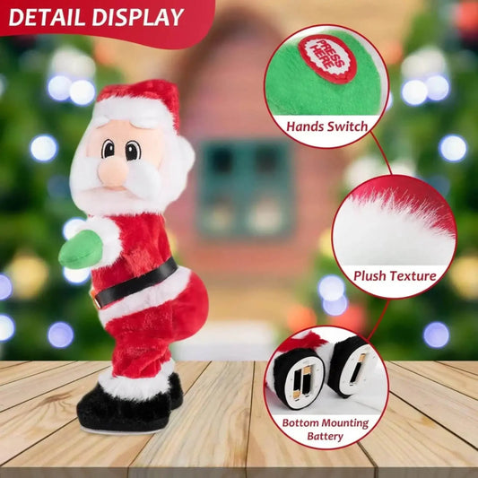 Plush dancing Santa Claus toy with hands switch, soft texture, and bottom battery mount.