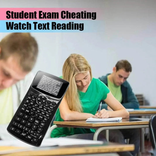 Students taking a test in a classroom with a programmable calculator featuring a text display.