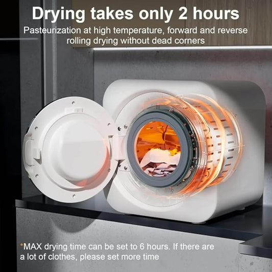 Compact electric clothes dryer with open door, high-temperature quick drying feature.