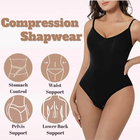 Woman wearing black compression shapewear bodysuit for stomach, waist, pelvis, back support