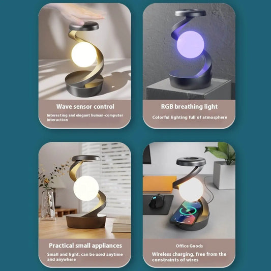 Modern spiral desk lamp with RGB lighting, wave sensor control, and wireless phone charging feature.
