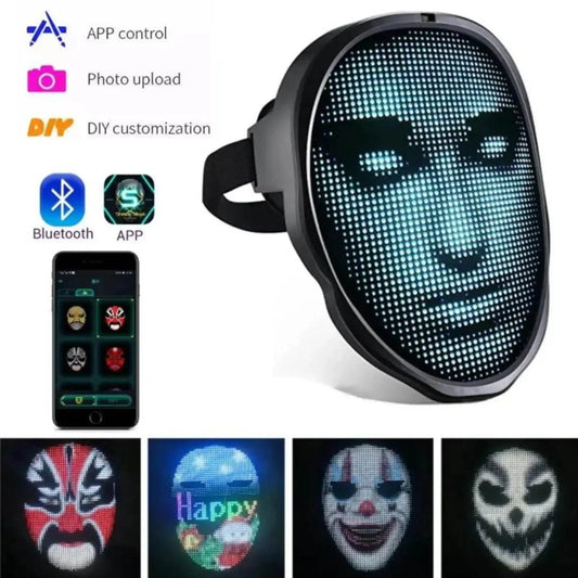 Bluetooth LED face mask with customizable digital display and app control, shown with various light-up designs.