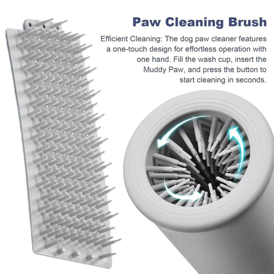 Dog paw cleaning brush with soft bristles and circular interior for efficient pet paw washing.
