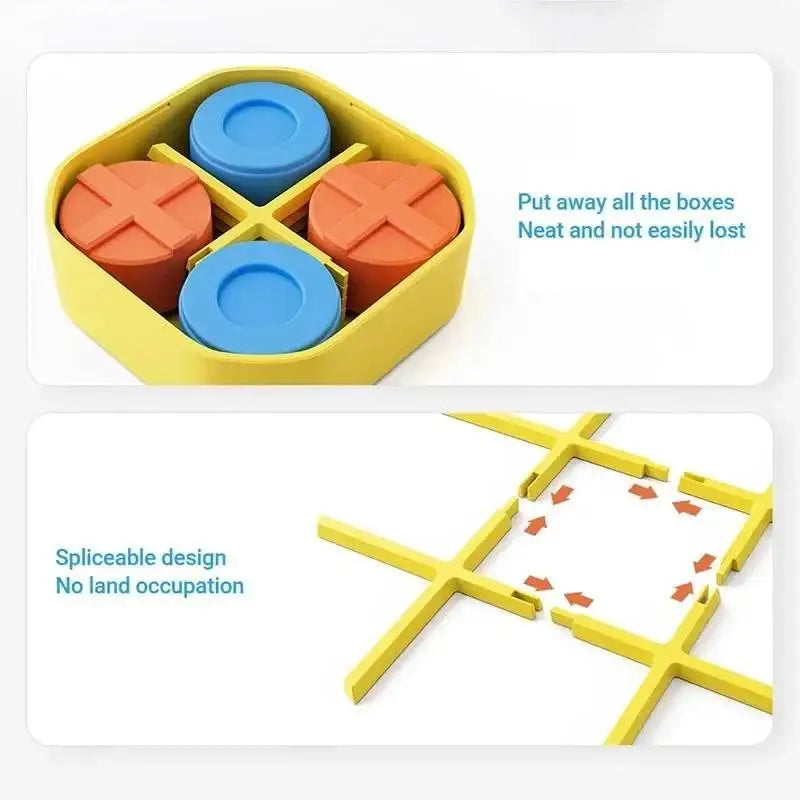 Compact yellow tic-tac-toe board game with blue O and red X pieces, splicable portable design.