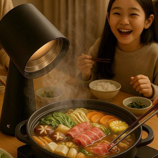 Girl enjoying steaming hot pot meal with vegetables and beef, modern table lamp nearby.
