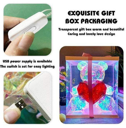 LED crystal bear with red heart in a transparent gift box, USB powered, easy on-off switch