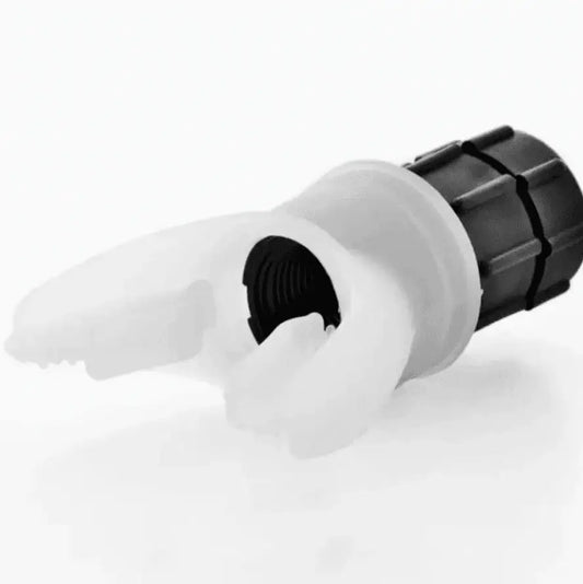 Close-up of a universal gripping tool attachment with white claw-like rubber jaws and black connector