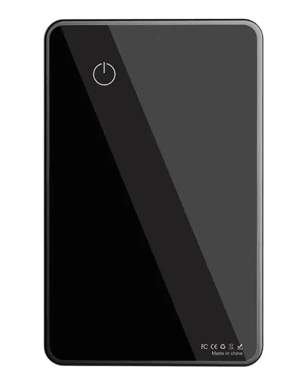 Sleek black portable gadget with power button, minimalist design, and rounded edges