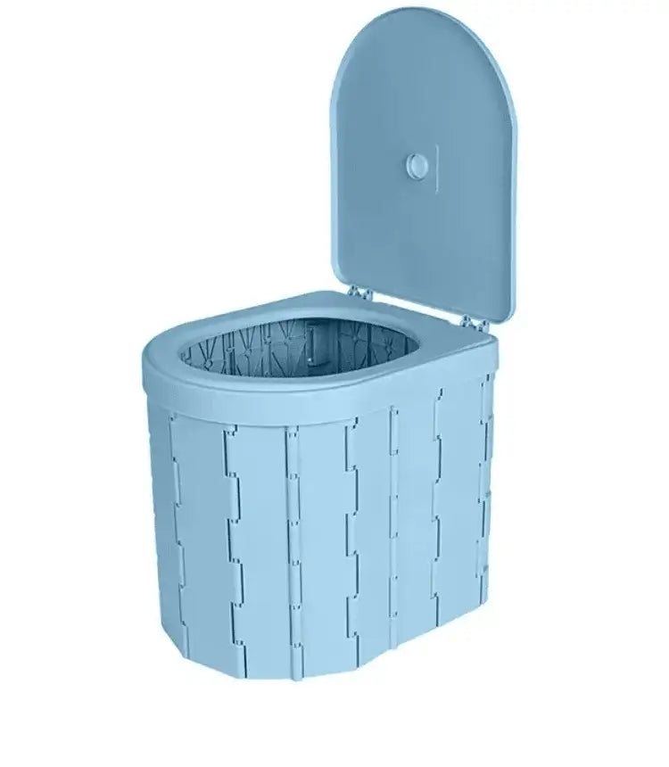 Portable folding toilet with lid in light blue, suitable for outdoor or camping use