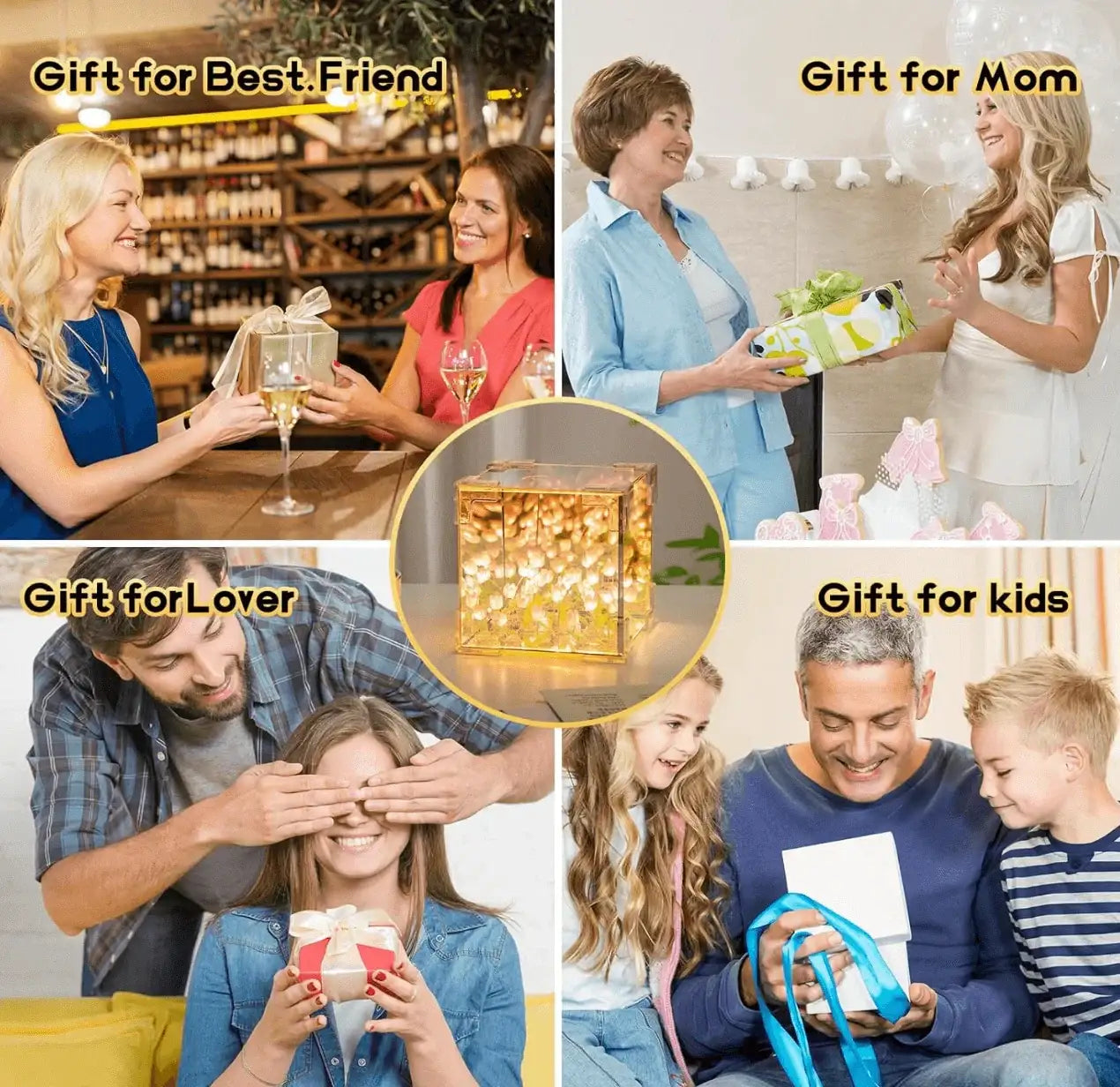 Collage showing people giving decorative light cube gift to best friend, mom, lover, and kids.