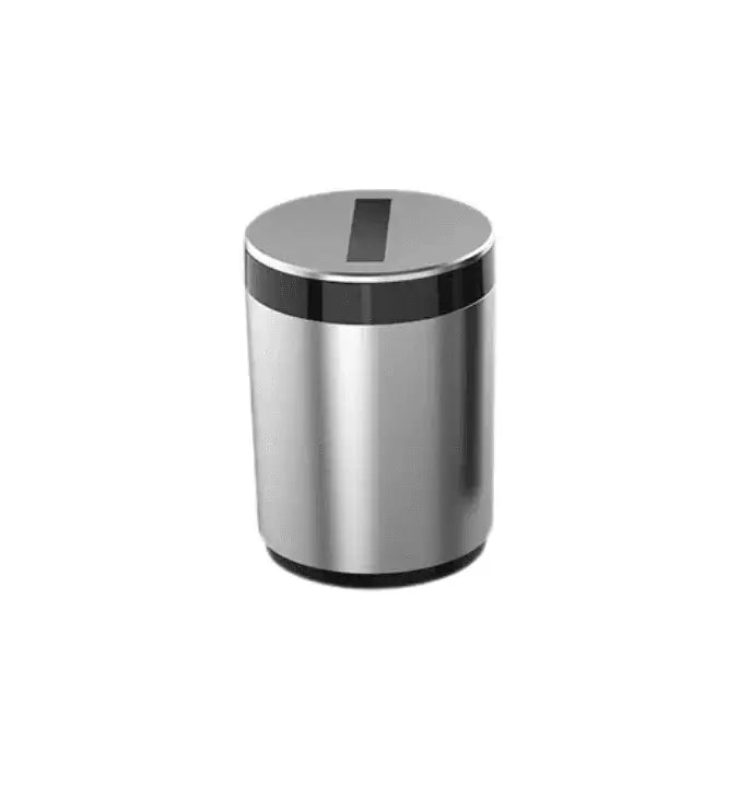 sleek stainless steel touchless sensor trash can with black lid on white background