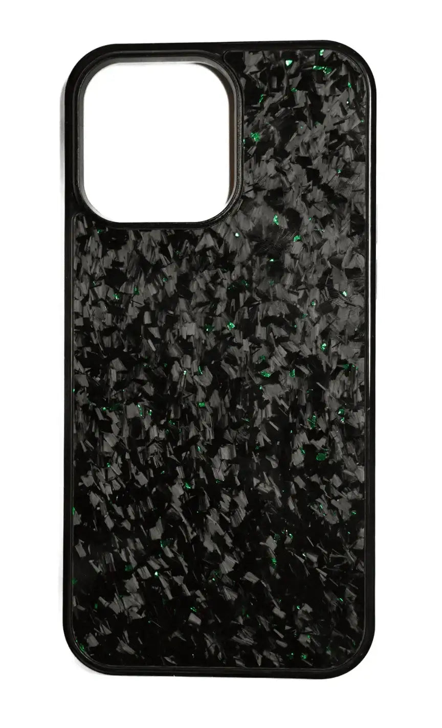 Black marbled phone case with green flecks, modern protective cover design.