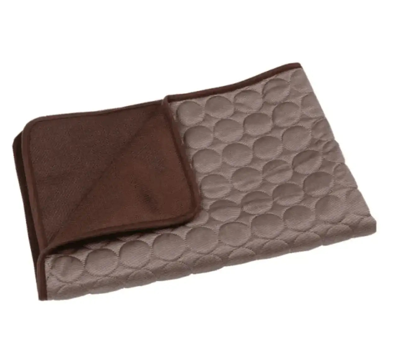Brown quilted pet mat with textured circular pattern, soft fleece lining