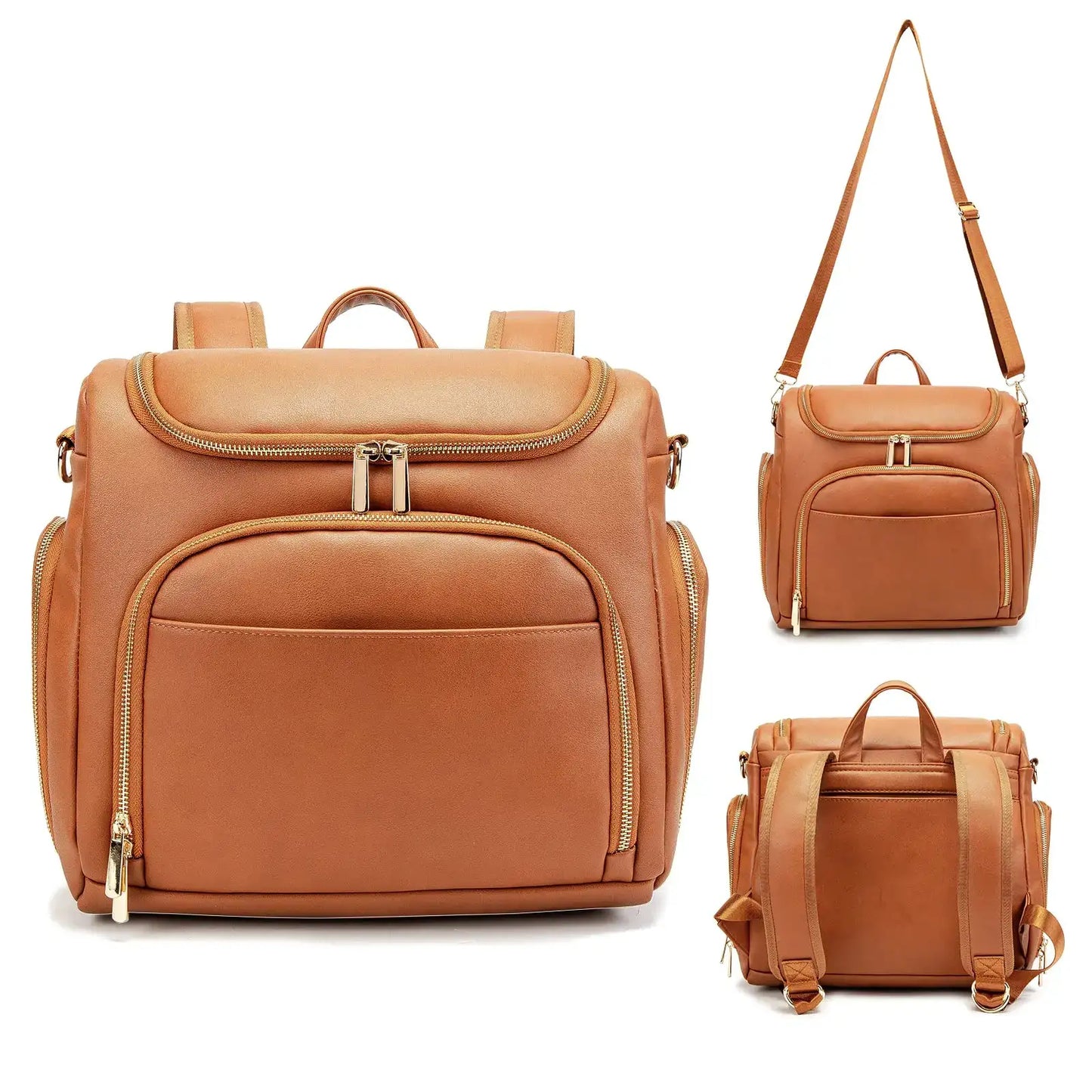 Multi-view tan leather backpack with multiple zippered pockets and adjustable straps.