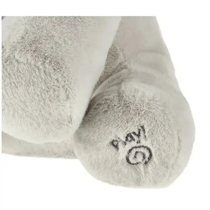 Close-up of a soft plush toy paw with 'Play!' text embroidered, cozy texture visible.