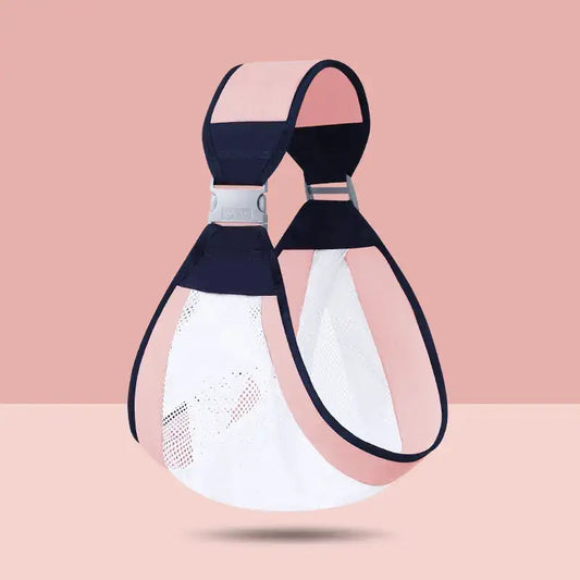 Pink and navy blue adjustable pet sling carrier bag with mesh design on a solid background