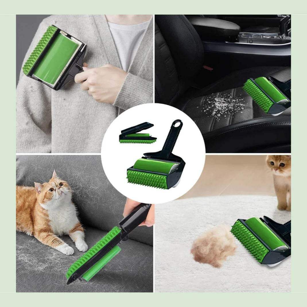 Green reusable pet hair remover roller cleaning fur from clothes, car seats, couch, and carpet.