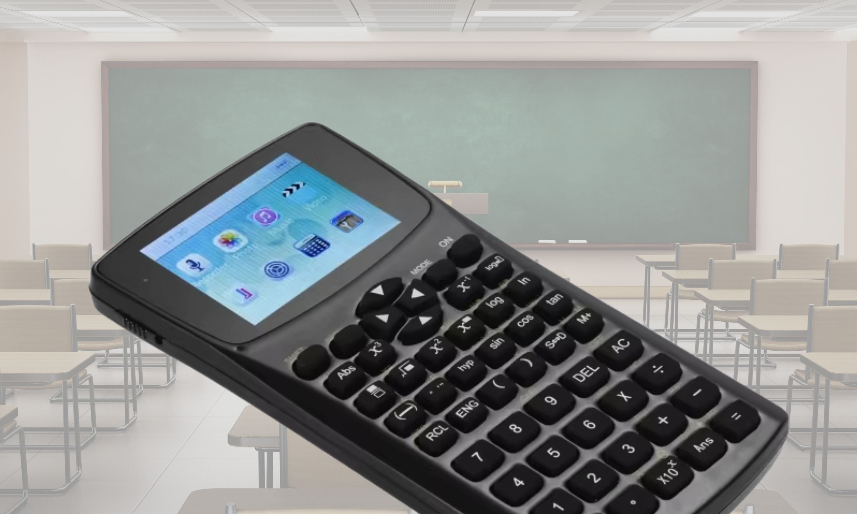 Two retro-style handheld gaming consoles, one blue and one gray, rest on a white surface displaying pixelated games. In a separate image, hands hold a beige console showing a game with tanks and explosions. A keyboard is partially visible.