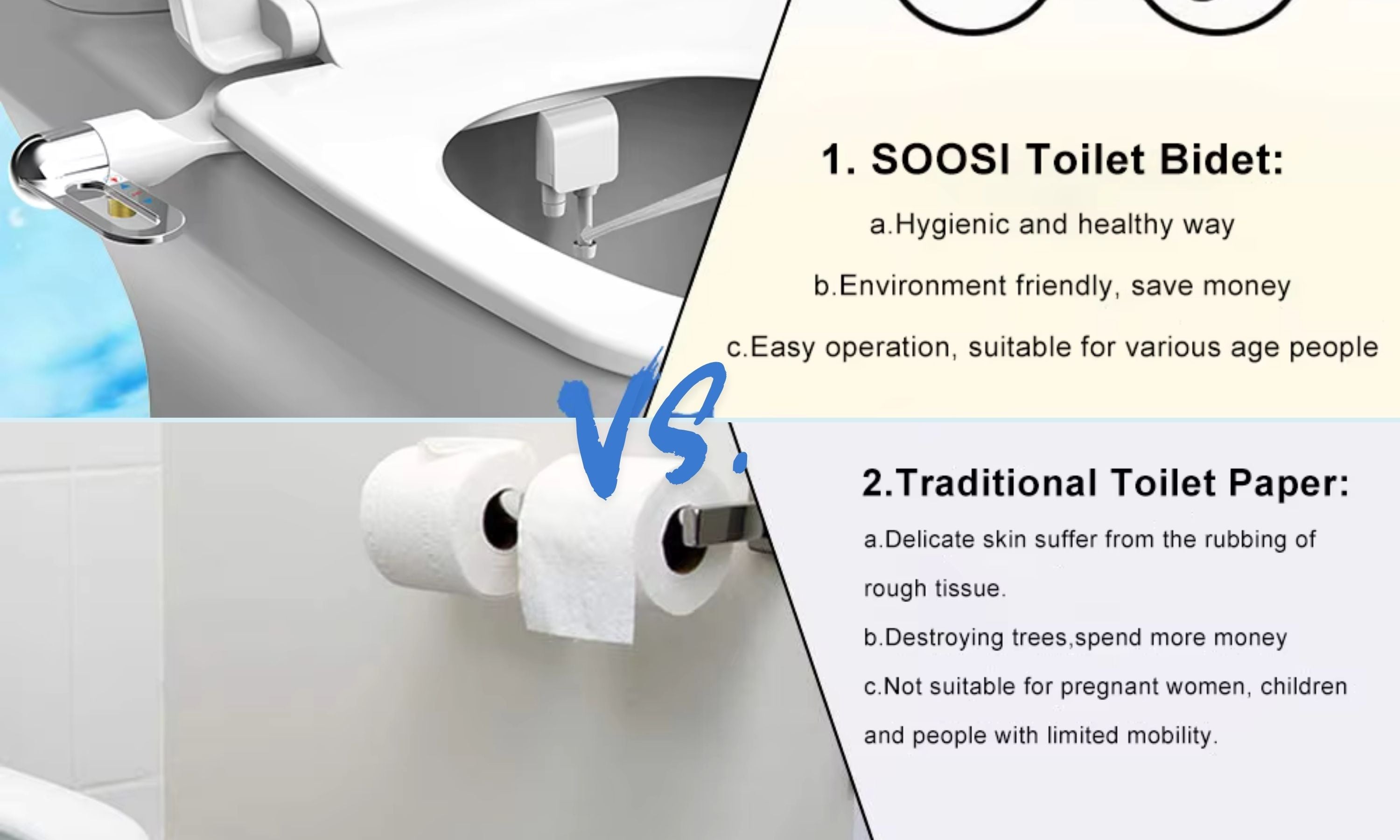 Bidet vs. Toilet Paper Comparison – A hygienic and eco-friendly SOOSI toilet bidet offers a cost-saving, skin-friendly alternative to traditional toilet paper. Reduce waste, save money, and enjoy a cleaner experience. Ideal for all ages, including pregnant women and individuals with limited mobility. Upgrade to a modern bathroom solution today!