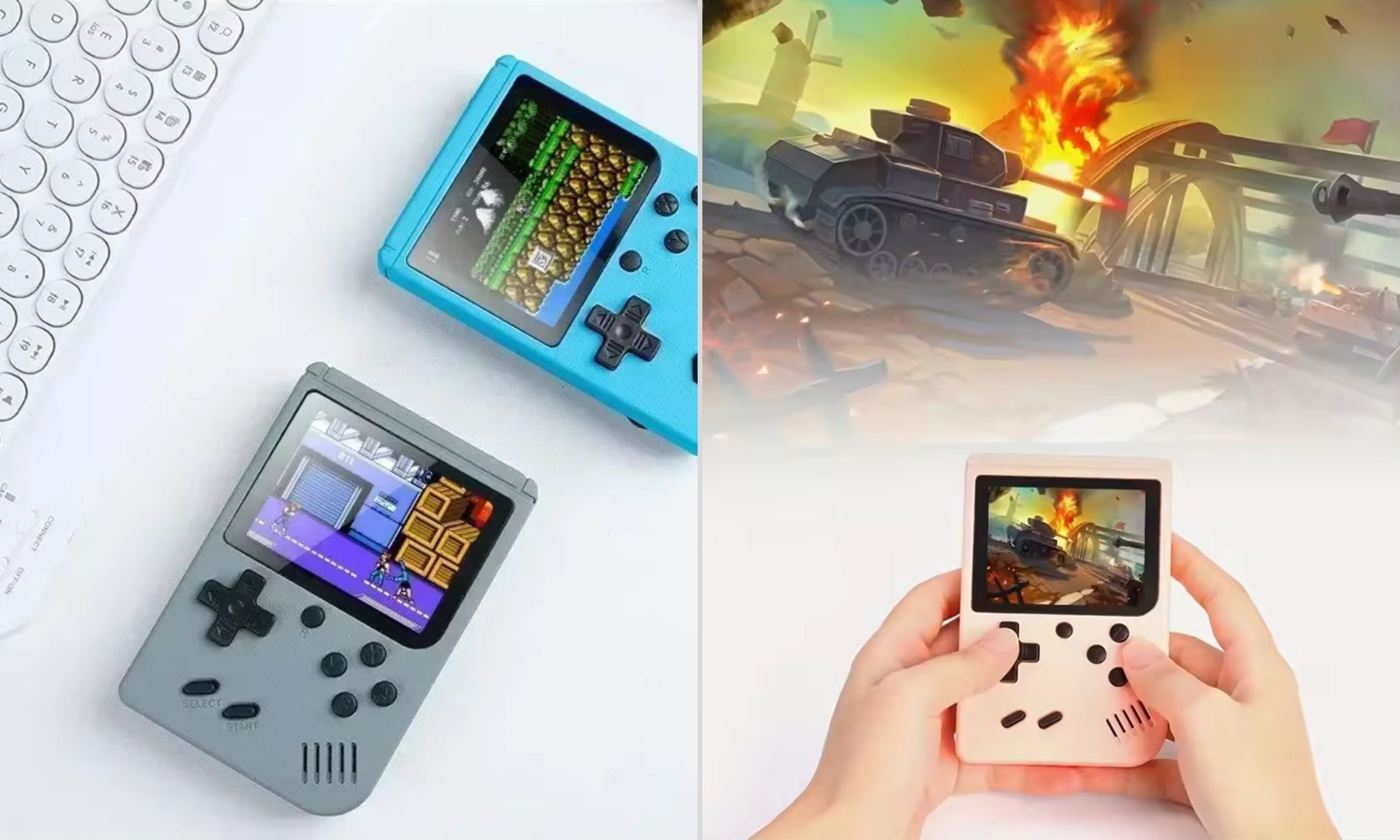 Two retro-style handheld gaming consoles, one blue and one gray, rest on a white surface displaying pixelated games. In a separate image, hands hold a beige console showing a game with tanks and explosions. A keyboard is partially visible.