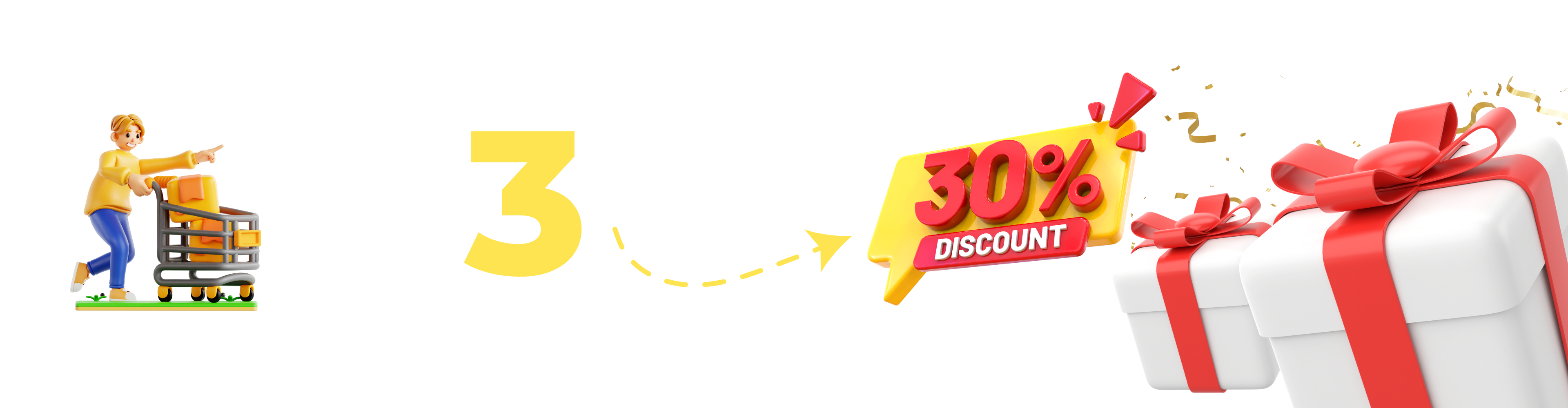 Advertisement with a 3D character at a shopping cart, text