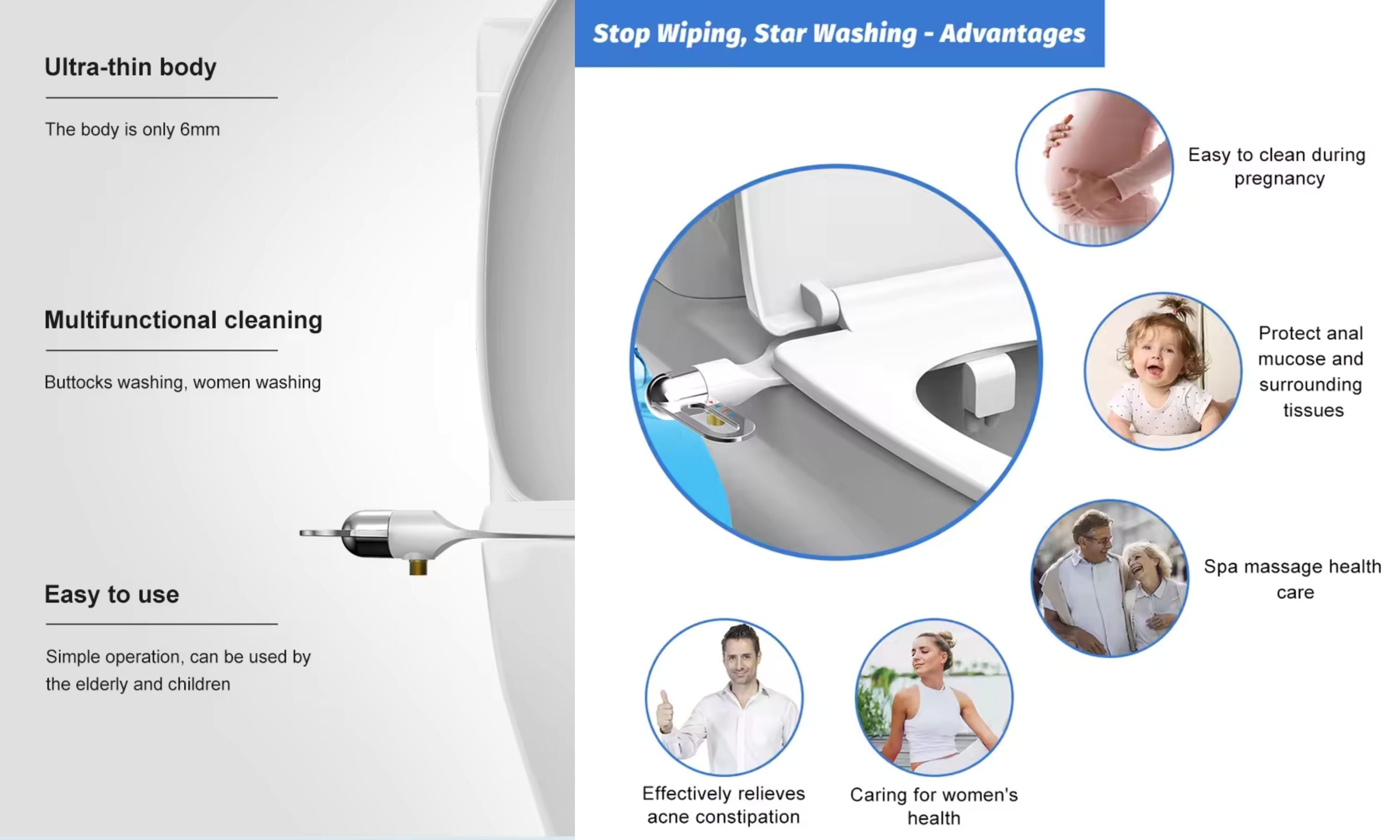 Ultra-Thin Bidet Attachment – A multifunctional, easy-to-use bidet for improved hygiene. Perfect for pregnancy, elderly, and children, it promotes better health, protects sensitive skin, and offers spa-like comfort. Simple installation with a 6mm ultra-thin design for a seamless fit.