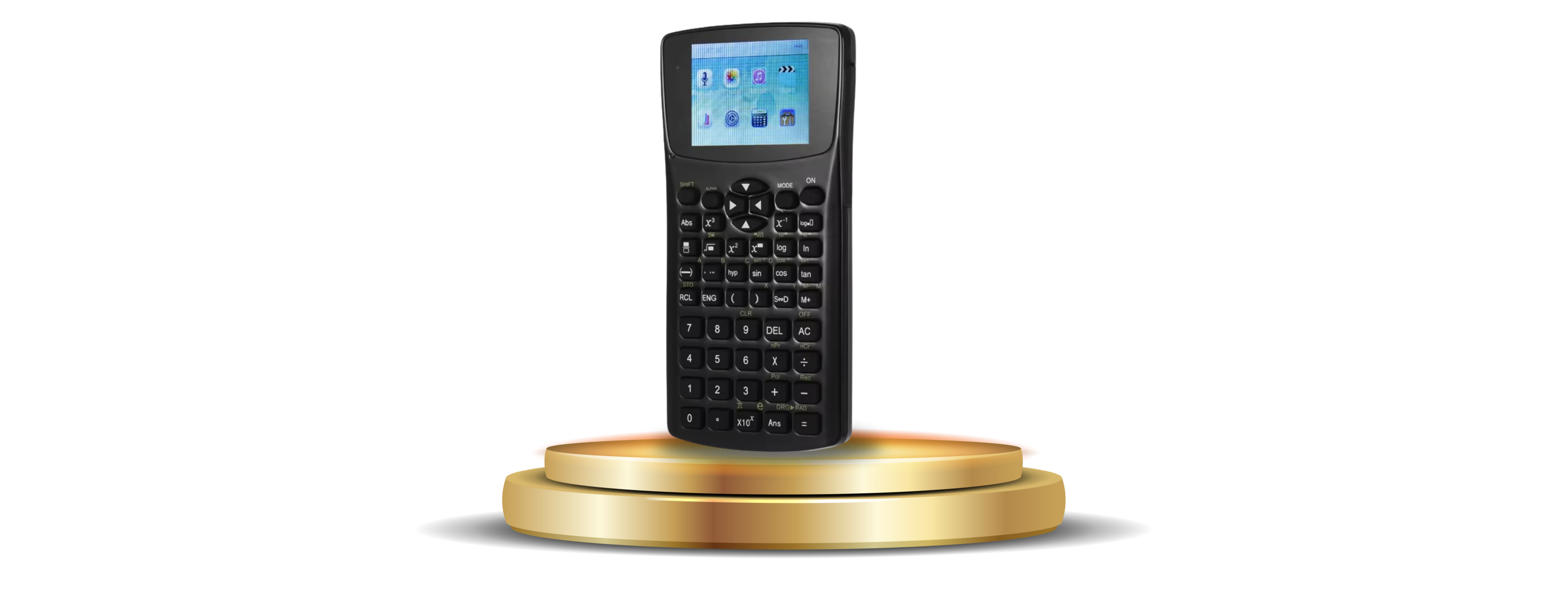A red handheld retro gaming console on a gold stand. It features a built-in screen displaying a game, control buttons, and is advertised as having a rechargeable battery, easy play, and retro vibes indicated by surrounding text.