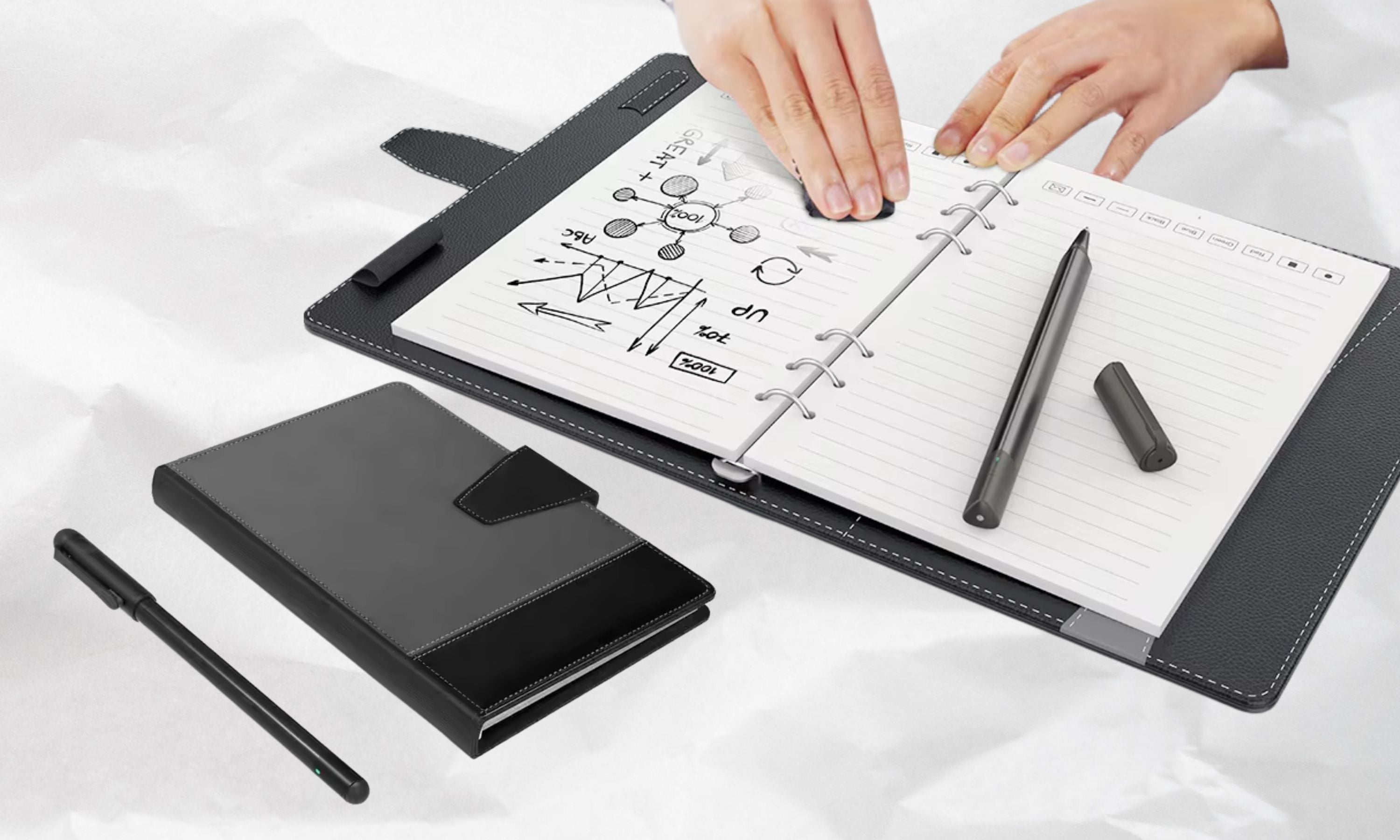 A sleek black reusable notebook with an erasable pen, smart digital writing pad, and elegant leather cover. The image shows a user erasing notes effortlessly, highlighting its eco-friendly and reusability features, perfect for professionals and students.