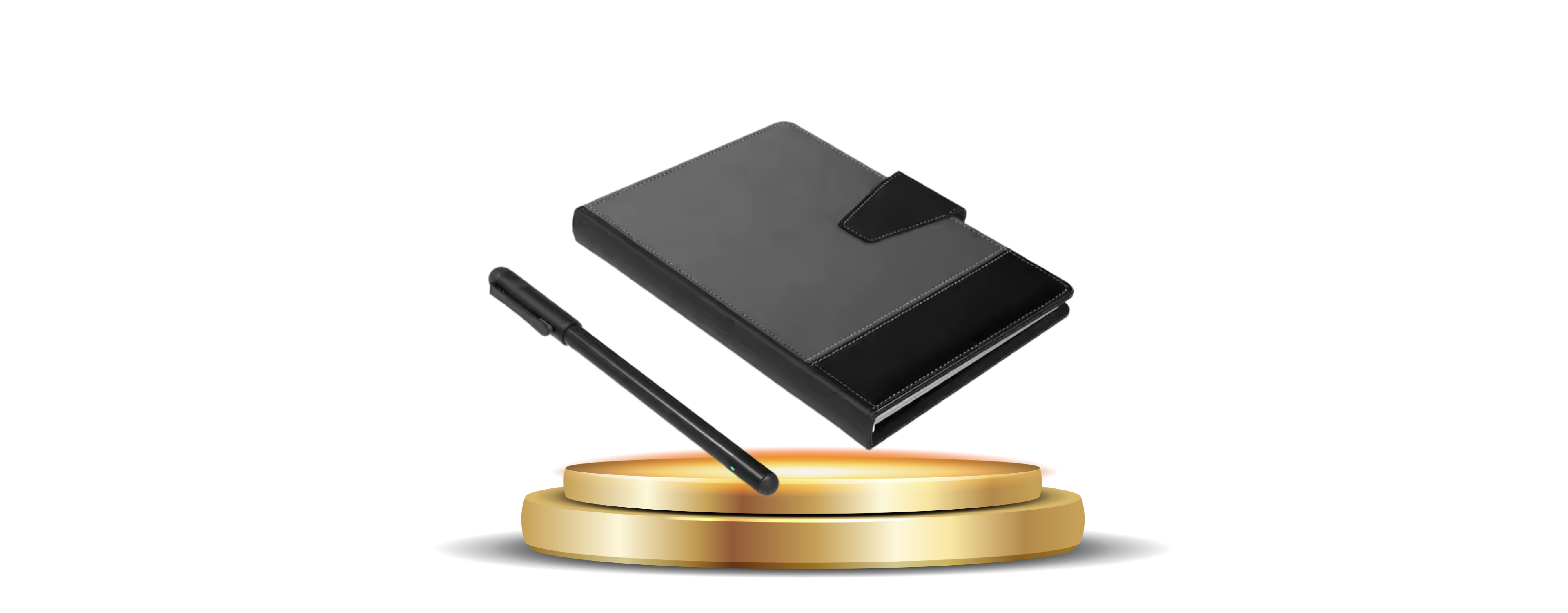 Digital notebook and stylus on a golden pedestal with annotated features: Digital Notes, Cloud Storage, Paper-Like Feel, and Effortless Sharing. The notebook is black with a sleek design.