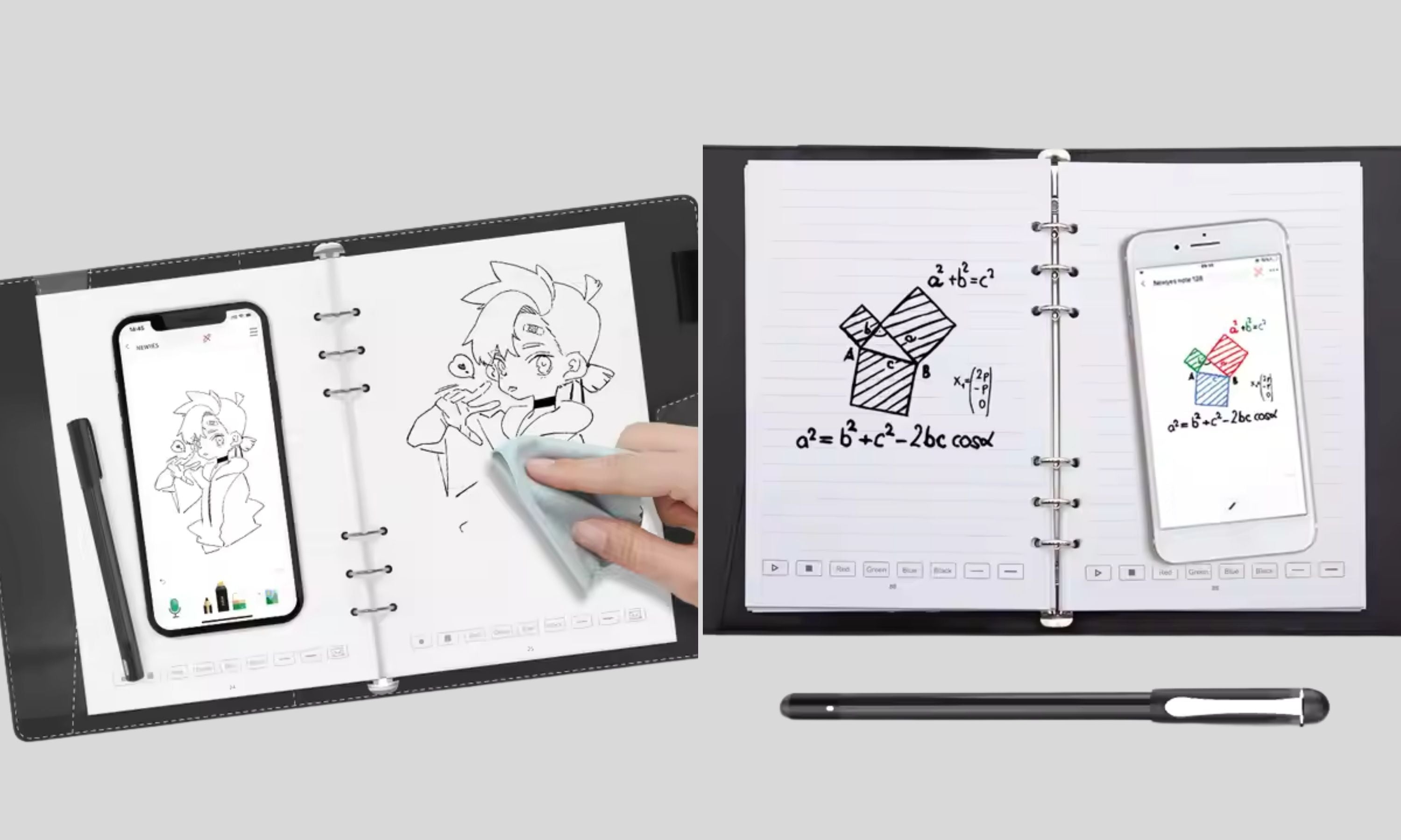 A smart reusable notebook with erasable pages, designed for digital note-taking and sketching. The image showcases a user wiping off a drawing, demonstrating the erasability of the notebook. A smartphone is also visible, syncing handwritten notes digitally. The right side displays mathematical equations and diagrams transferred to a mobile app, highlighting cloud synchronization features. Includes a stylus pen for seamless writing.