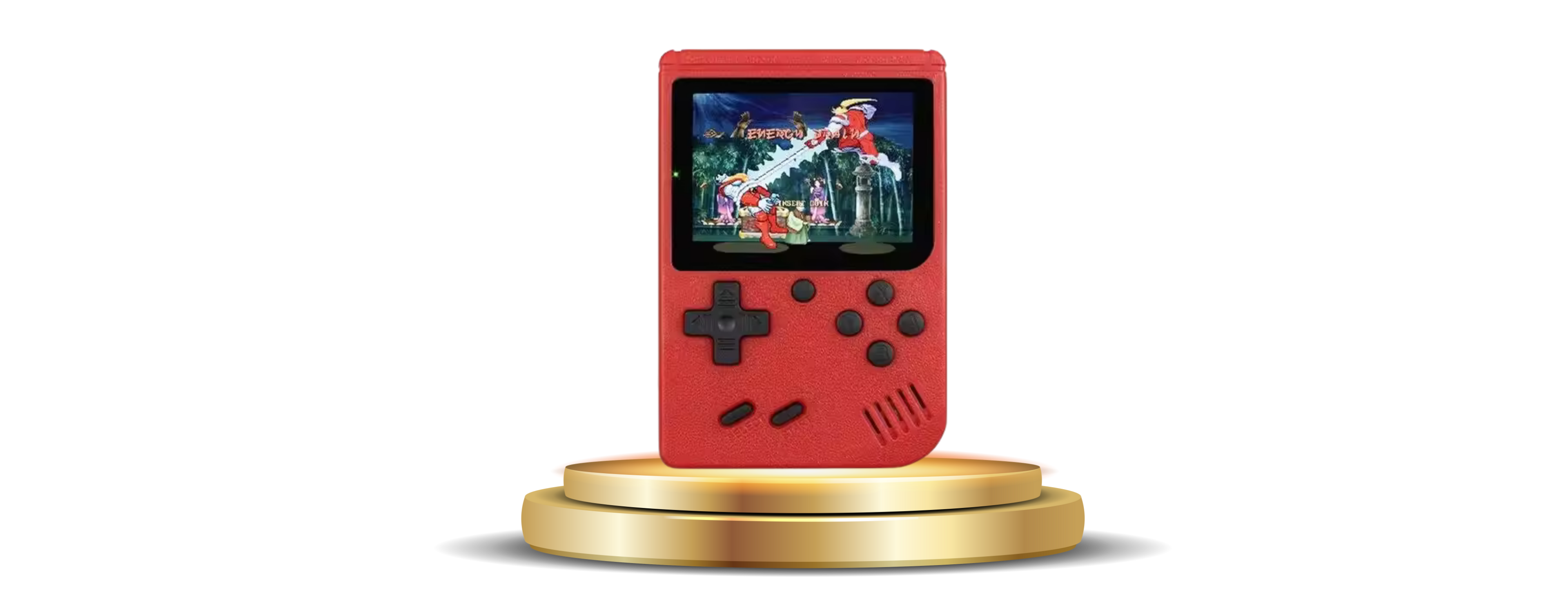 A red handheld retro gaming console on a gold stand. It features a built-in screen displaying a game, control buttons, and is advertised as having a rechargeable battery, easy play, and retro vibes indicated by surrounding text.